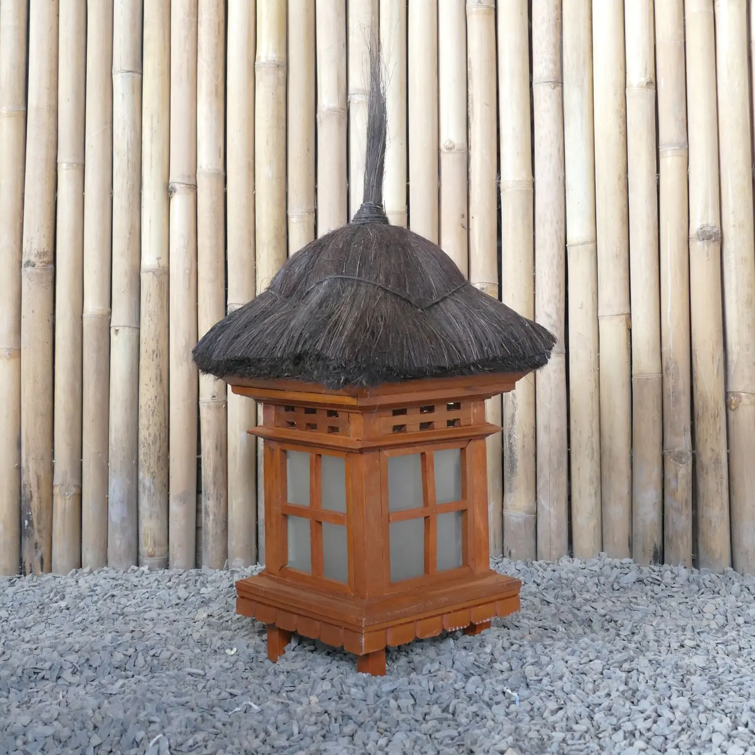  Product image 2 of the product “Balinese Garden Lantern, H 52 cm. Made from wood, glas and natural black grass. ”